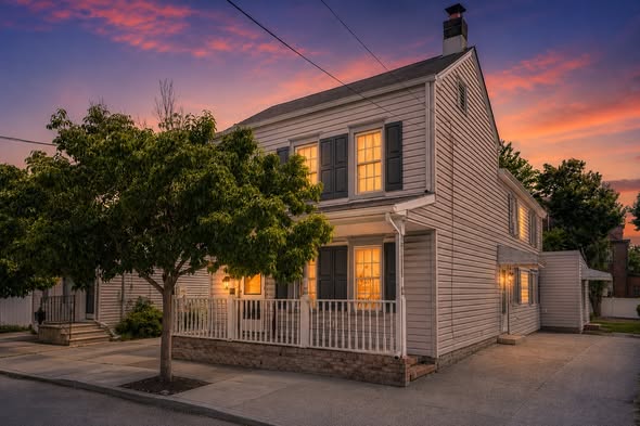 Virtual twilight example — home exterior at simulated dusk