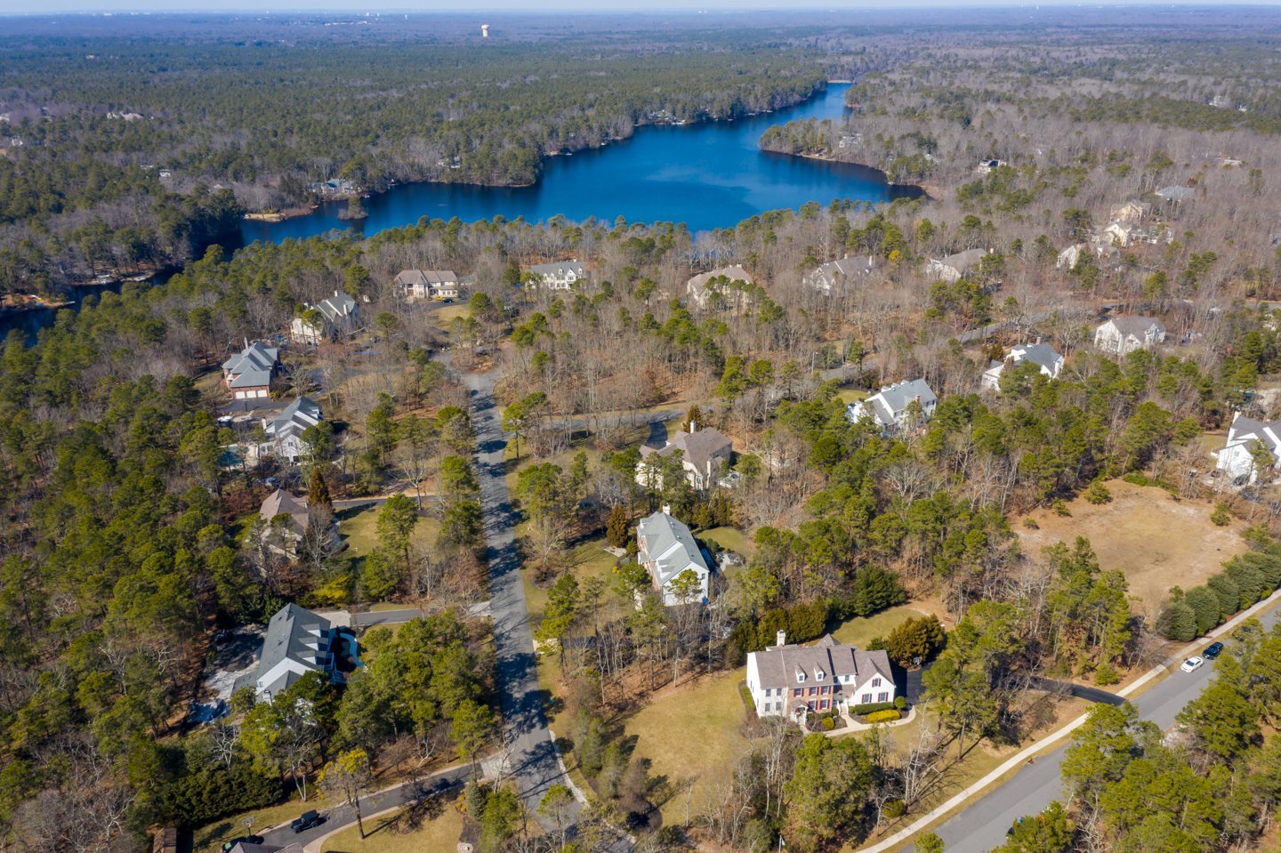 Aerial view of lakeside neighborhood